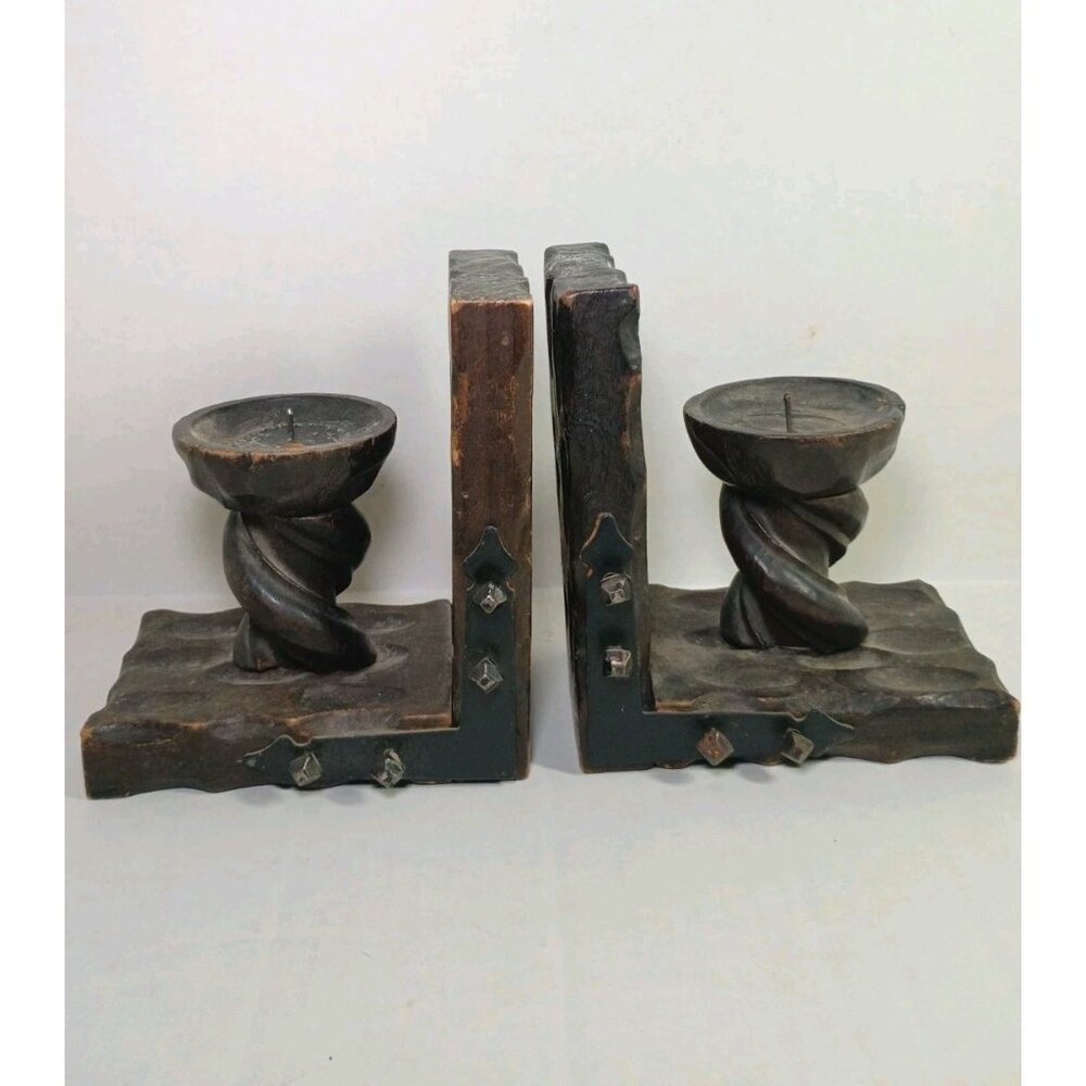 VTG Mid Century Hand Carved Twisted Wood Candle Holder Bookends Made In Spain